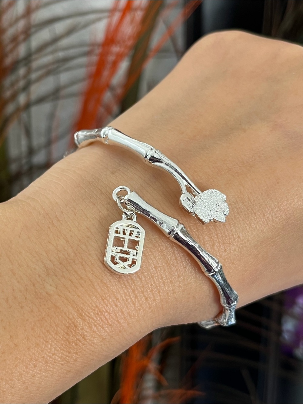 S925 Silver bamboo and leaves with safe tag cuff Bracelet
